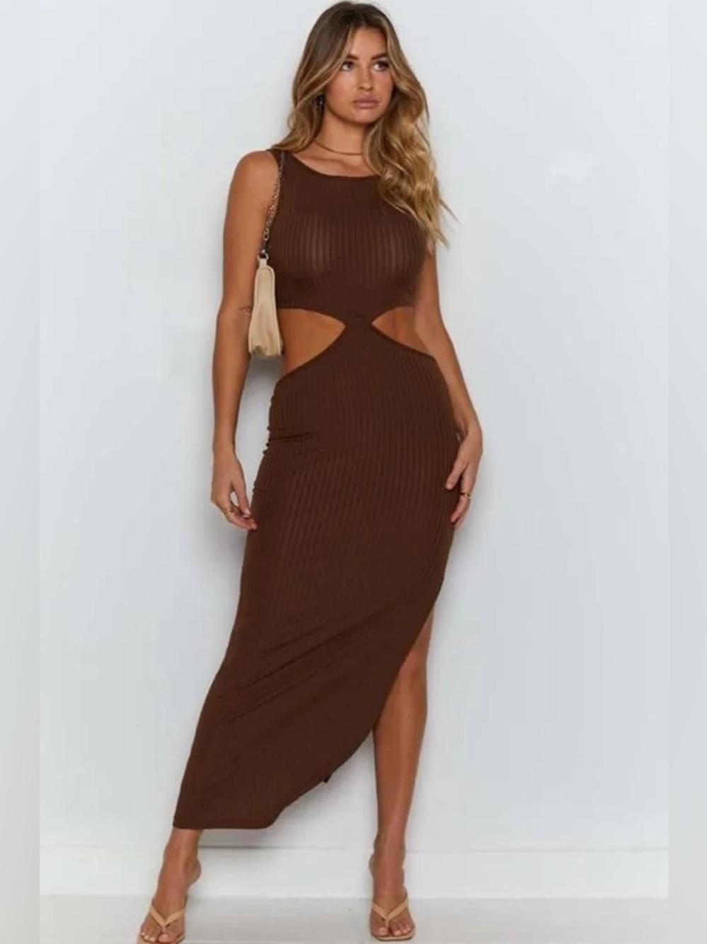Princess Poly Cutout Ribbed Maxi Dress in Brown